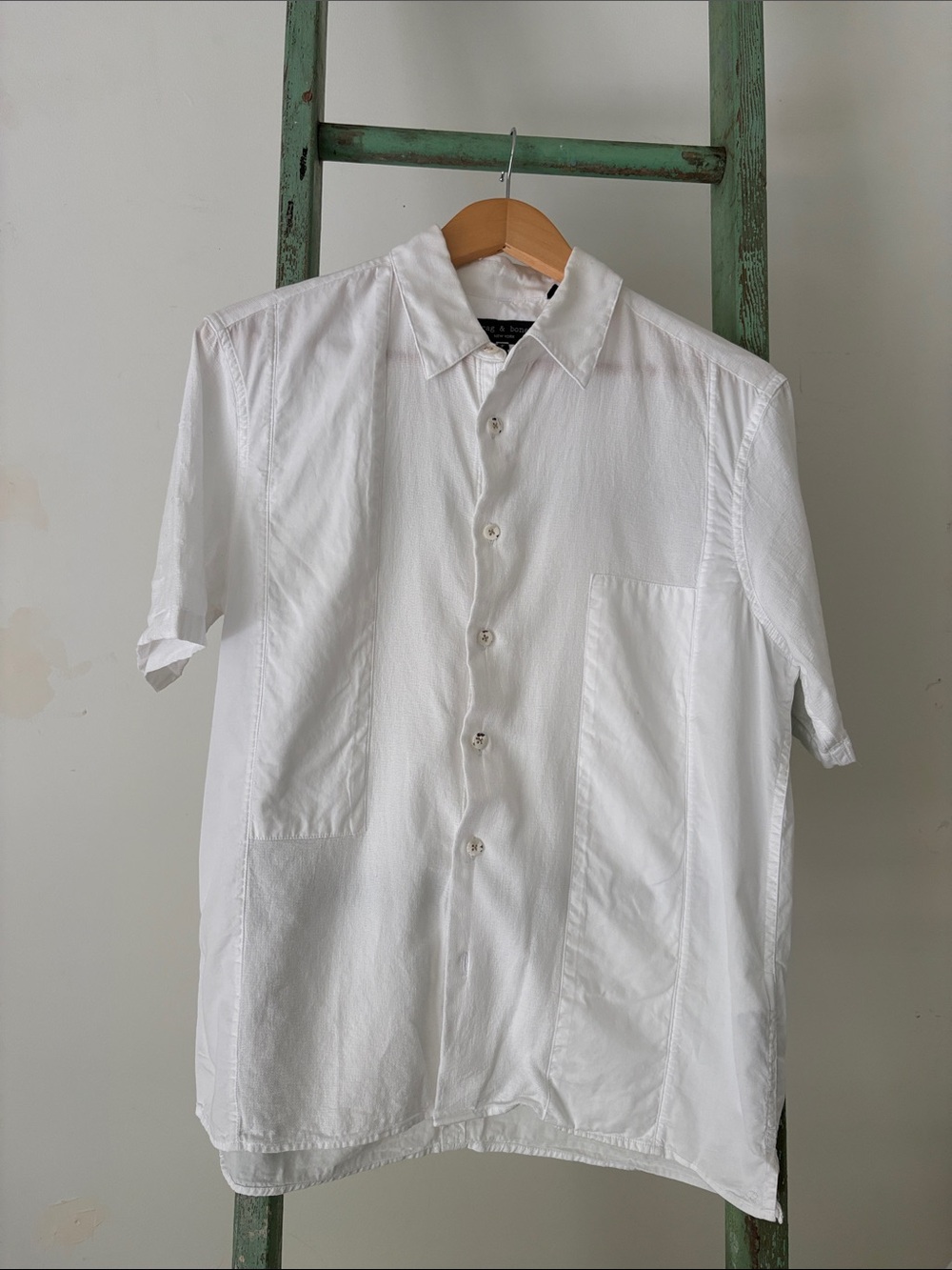 Rag & Bone Dalton Patchwork Shirt – White | Short Sleeve Button-Up | Premium Fab - Picture 4 of 6